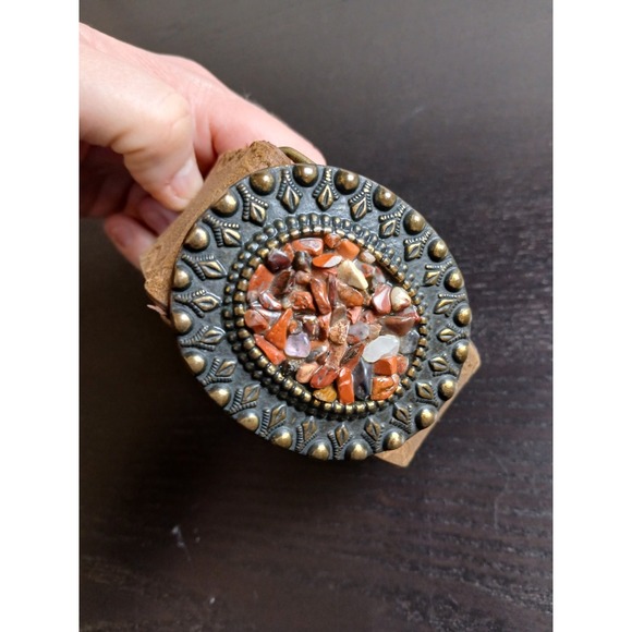 Source Unknown Accessories - Vintage Goldtone Belt Buckle With‎ Mosaic Stone Inlay Brown Belt M/L 32-34 #1538